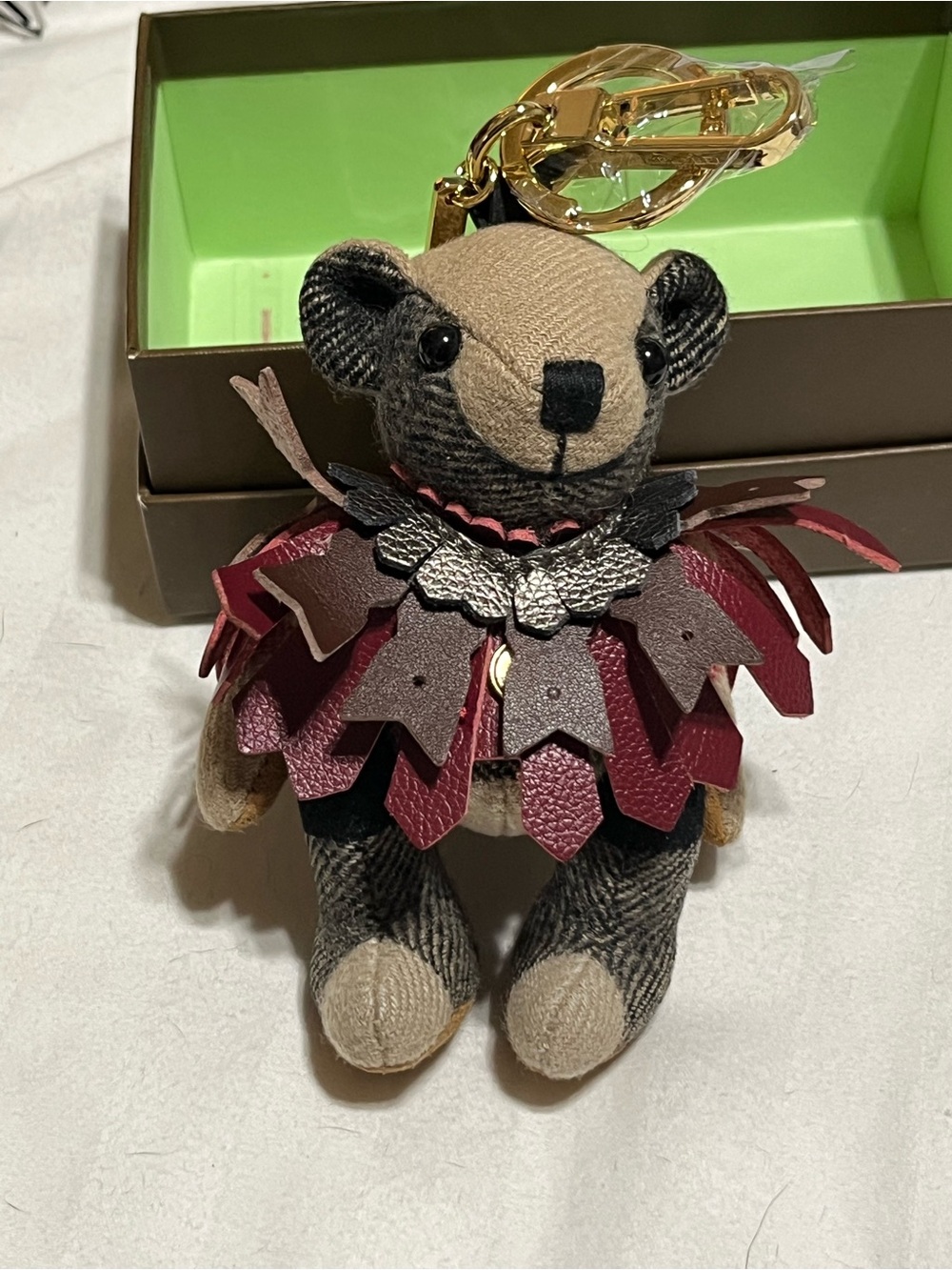 Burberry Burgundy, Tan and Black Plush Bear Bag Charm with Gold Hardware